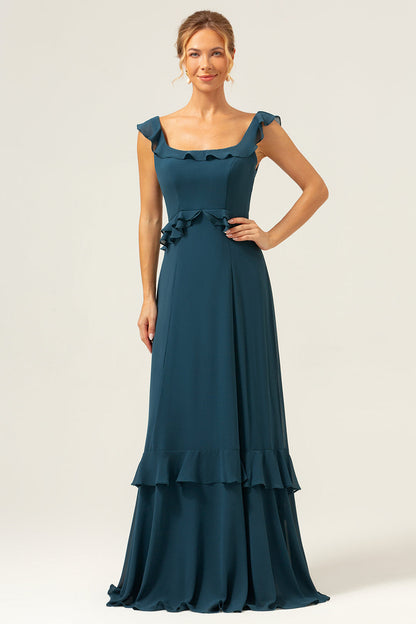 A-Line Dark Peacock Green Scoop Neck Chiffon Long Bridesmaid Dress