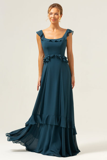 A-Line Dark Peacock Green Scoop Neck Chiffon Long Bridesmaid Dress