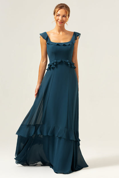 A-Line Dark Peacock Green Scoop Neck Chiffon Long Bridesmaid Dress