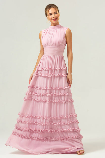 Blush A-Line Ruffled Chiffon Long Bridesmaid Dress with Open Back