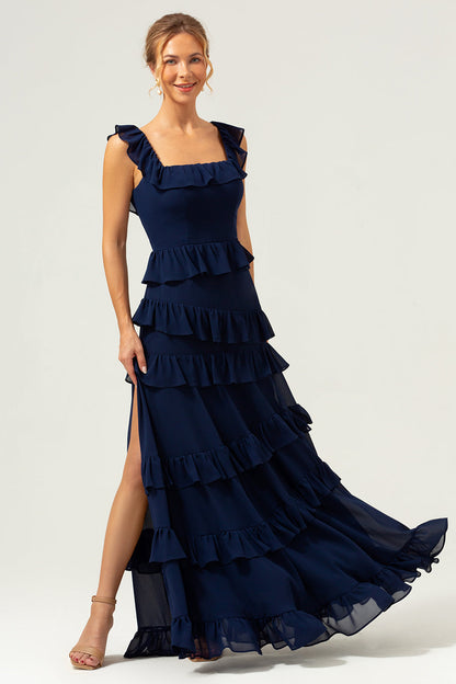 A-Line Square Neck Tiered Chiffon Long Dark Navy Bridesmaid Dress