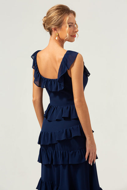 A-Line Square Neck Tiered Chiffon Long Dark Navy Bridesmaid Dress