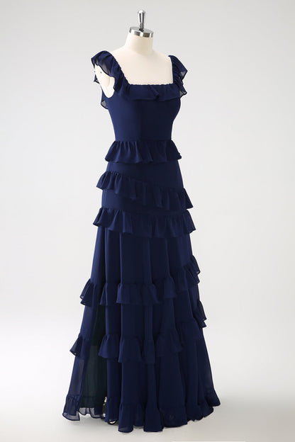 Dark Navy A-Line Tiered Chiffon Long Bridesmaid Dress