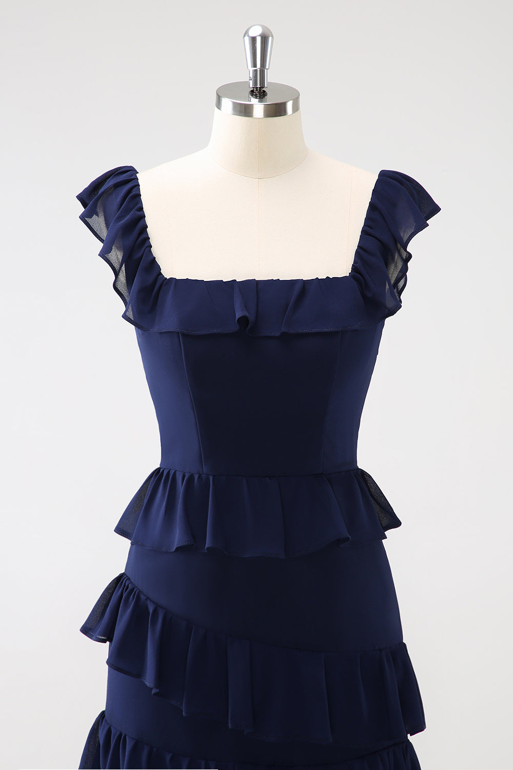 Dark Navy A-Line Tiered Chiffon Long Bridesmaid Dress