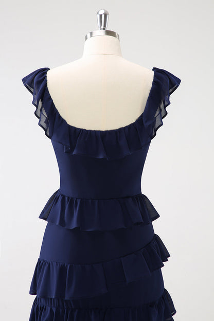 Dark Navy A-Line Tiered Chiffon Long Bridesmaid Dress