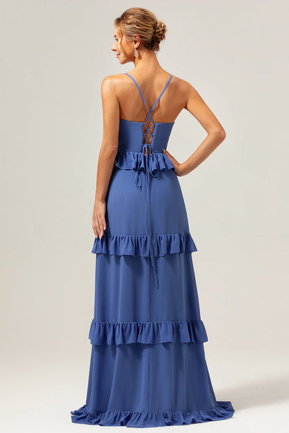 Dark Blue A-Line Spaghetti Straps Tiered Chiffon Long Bridesmaid Dress