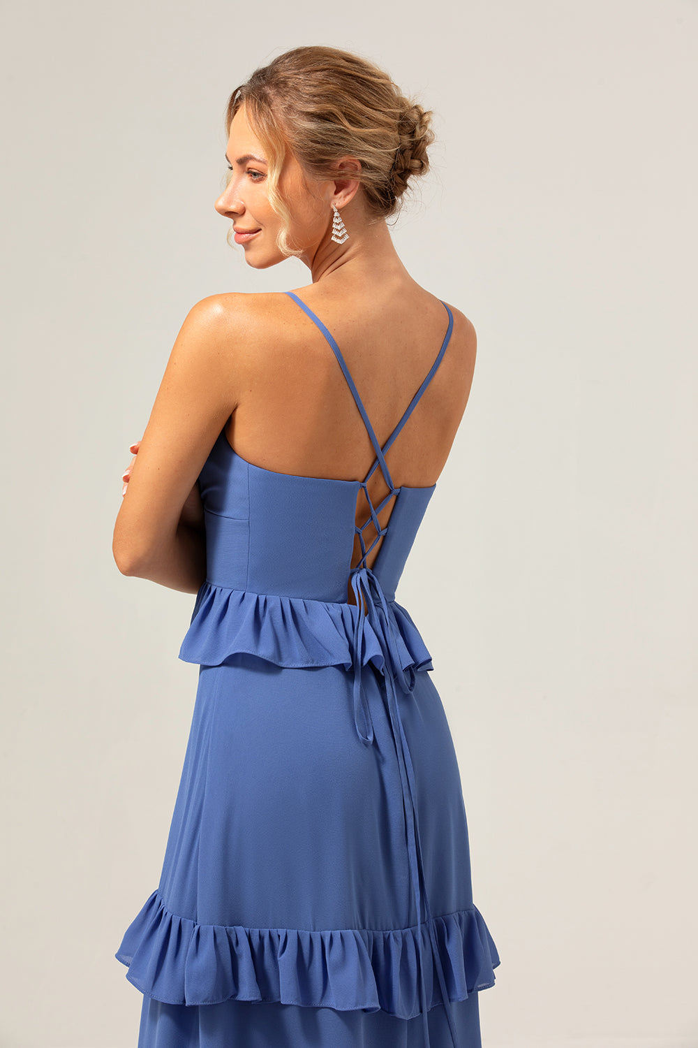 Dark Blue A-Line Spaghetti Straps Tiered Chiffon Long Bridesmaid Dress