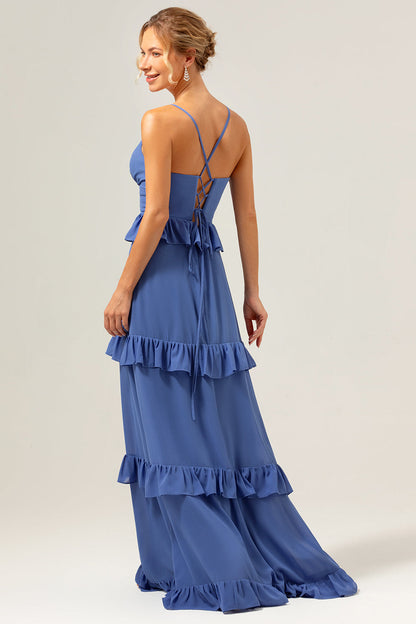 Dark Blue A-Line Spaghetti Straps Tiered Chiffon Long Bridesmaid Dress