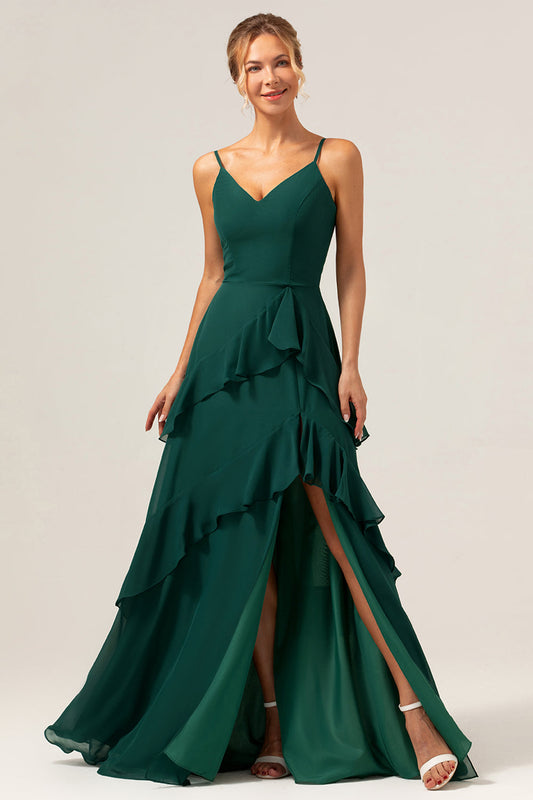 Dark Green A-Line Spaghetti Straps Chiffon Long Bridesmaid Dress with Ruffles