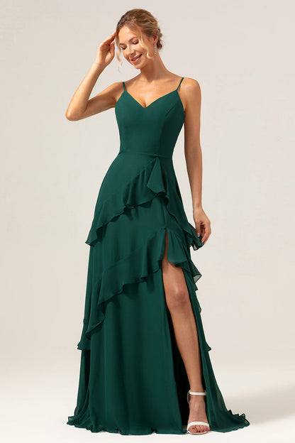 Dark Green A-Line Spaghetti Straps Chiffon Long Bridesmaid Dress with Ruffles