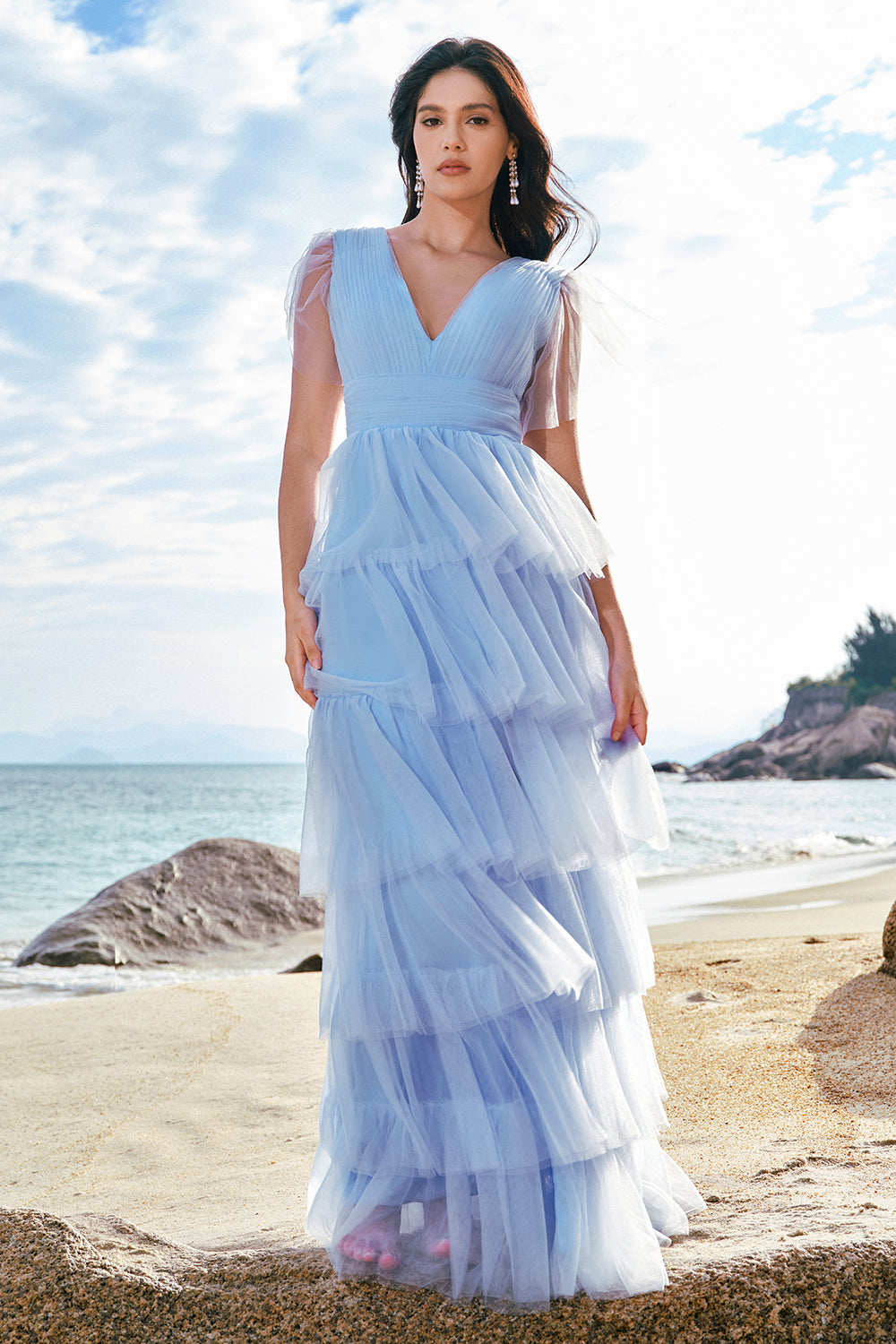 Grey Blue A-Line V Neck Tiered Tulle Long Bridesmaid Dress with Slit