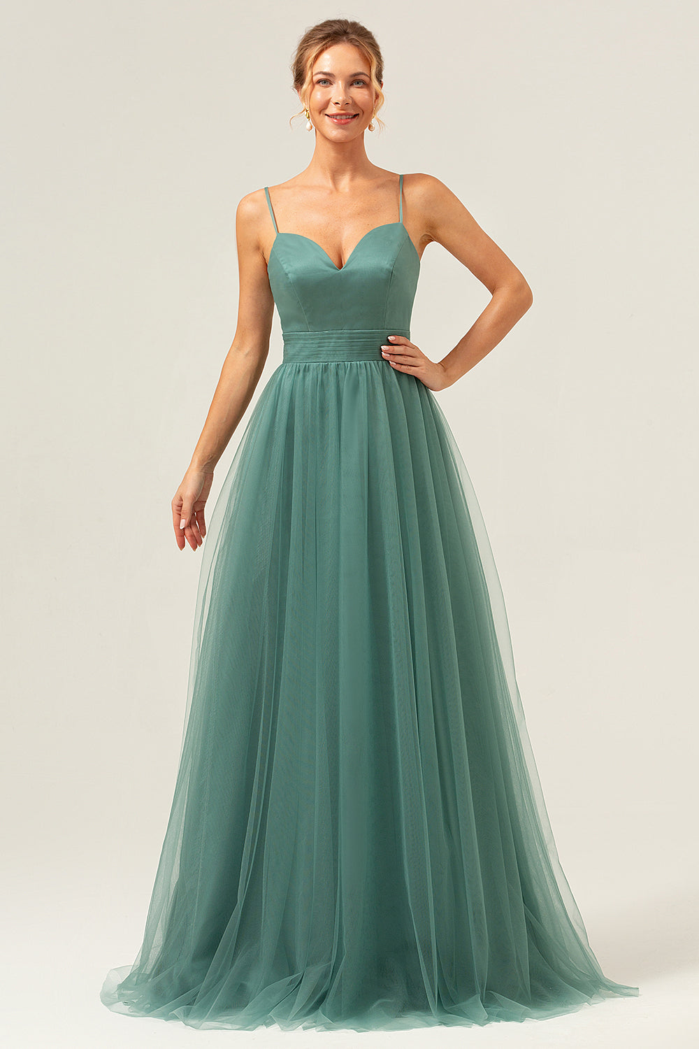 Eucalyptus Spaghetti Straps A-Line Tulle Bridesmaid Dress