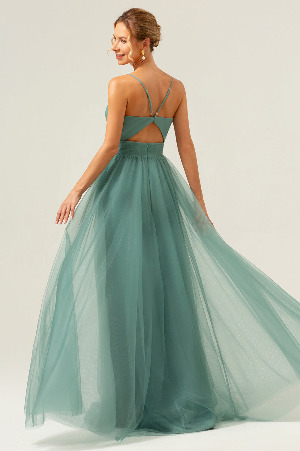 Eucalyptus Spaghetti Straps Tulle A-Line Long Bridesmaid Dress