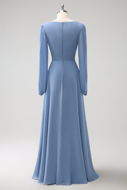 A Line Grey Blue V-Nack Chiffon Bridesmaid Dress with Long Sleeves