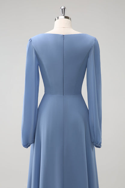 A Line Grey Blue V-Nack Chiffon Bridesmaid Dress with Long Sleeves