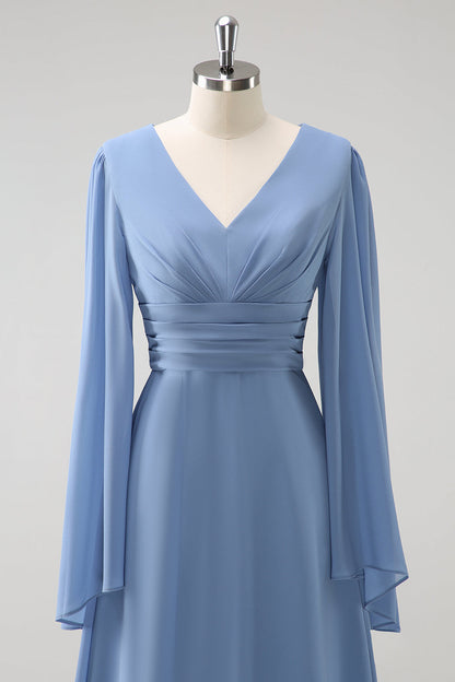 Grey Blue A Line Long Sleeves Chiffon Bridesmaid Dress with Slit