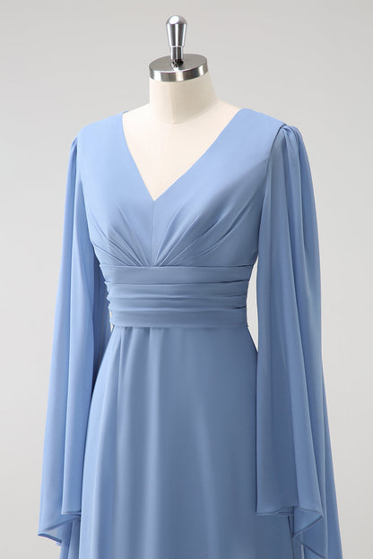 Grey Blue A Line Long Sleeves Chiffon Bridesmaid Dress with Slit