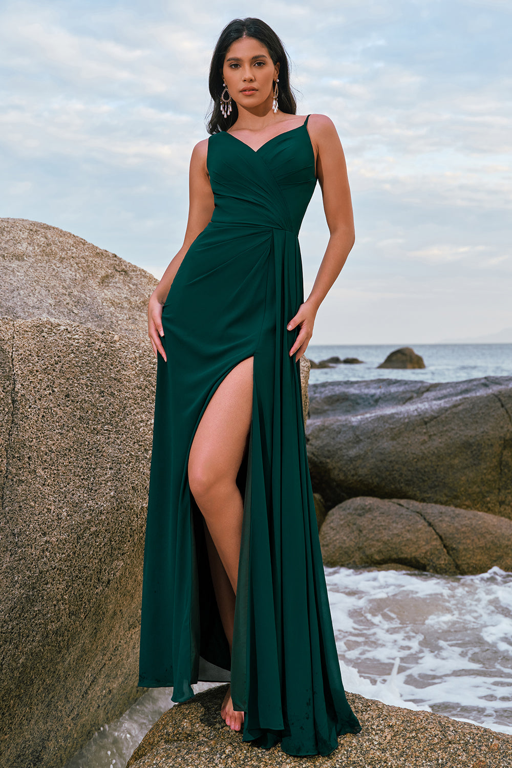 Dark Green Spaghetti Straps Ruche Long Bridesmaid Dress with Slit