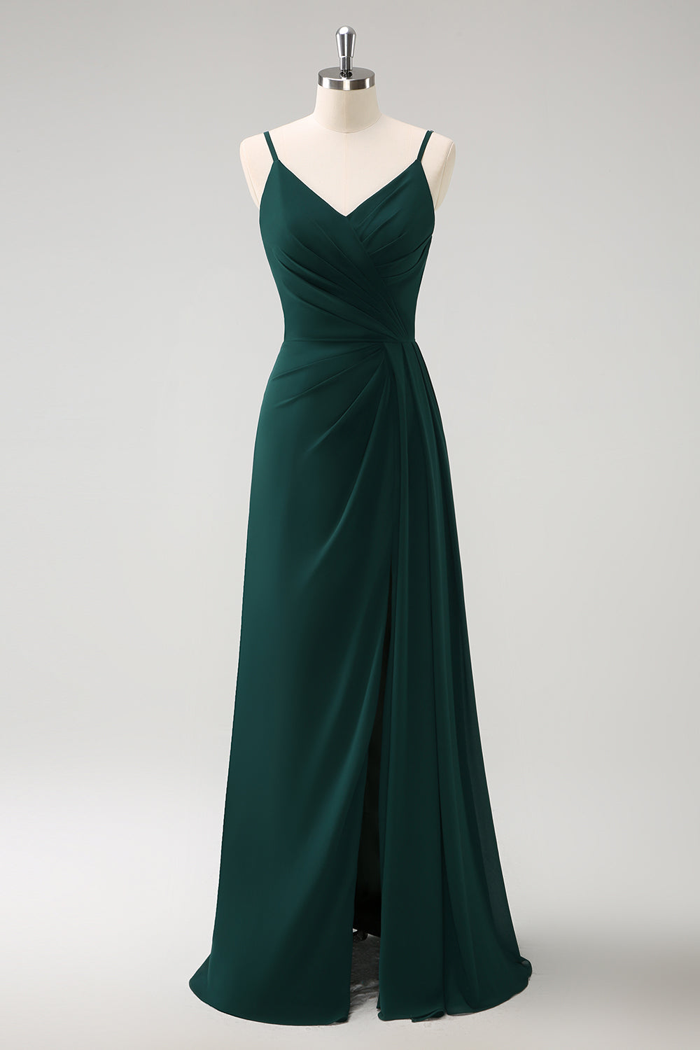 Dark Green Spaghetti Straps Ruche Long Bridesmaid Dress with Slit