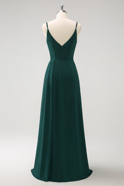 Dark Green Spaghetti Straps Ruche Long Bridesmaid Dress with Slit