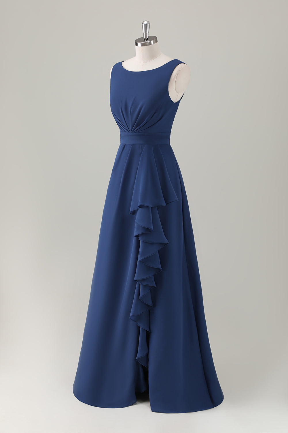 Dark Blue A-Line Ruffle Long Bridesmaid Dress with Slit