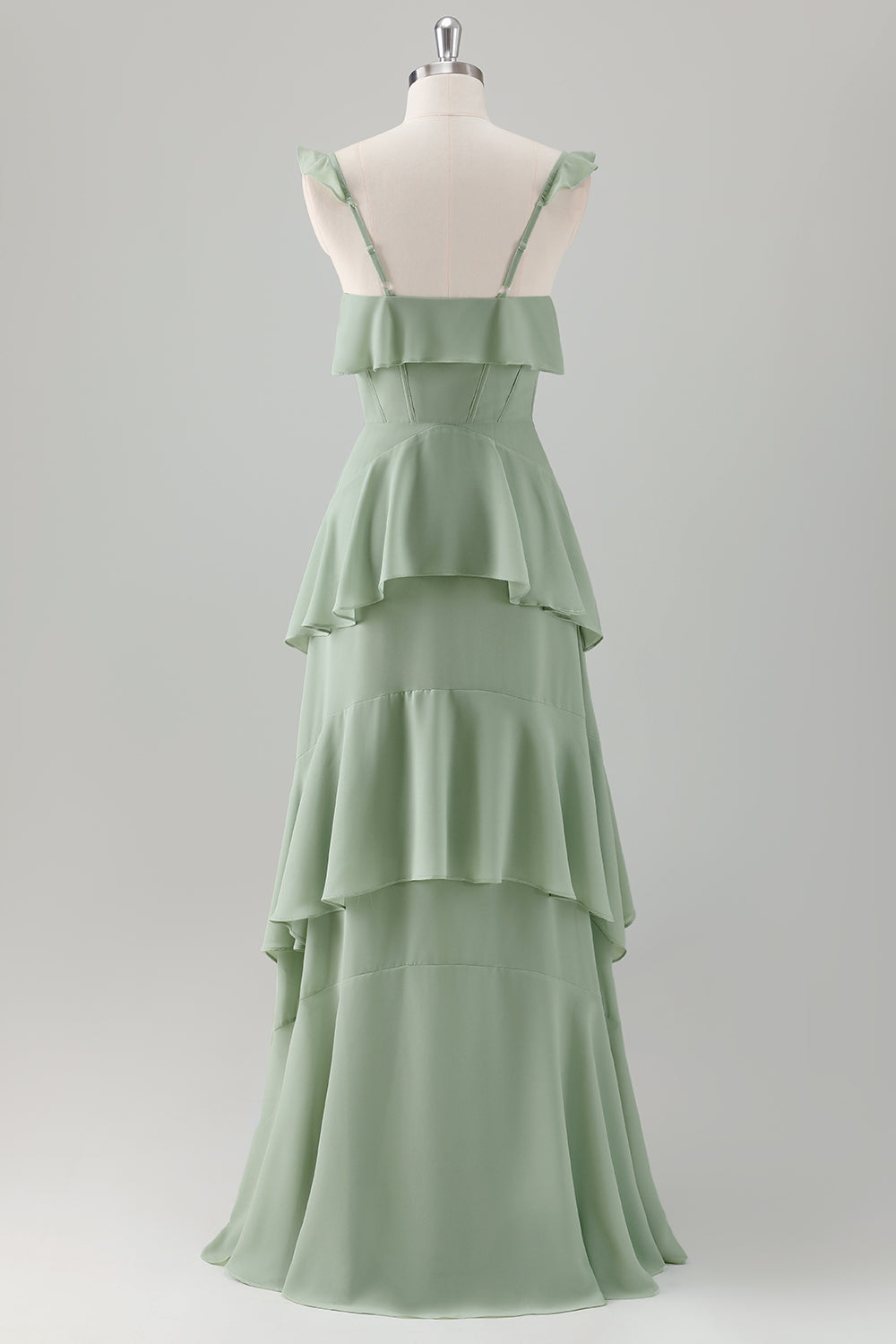 Light Green A-Line Ruffle Tiered Chiffon Corset Long Bridesmaid Dress