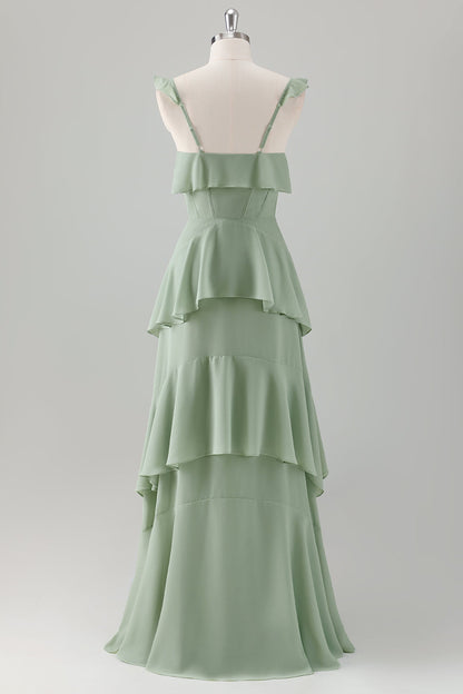 Light Green A-Line Ruffle Tiered Chiffon Corset Long Bridesmaid Dress