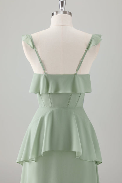 Light Green A-Line Ruffle Tiered Chiffon Corset Long Bridesmaid Dress