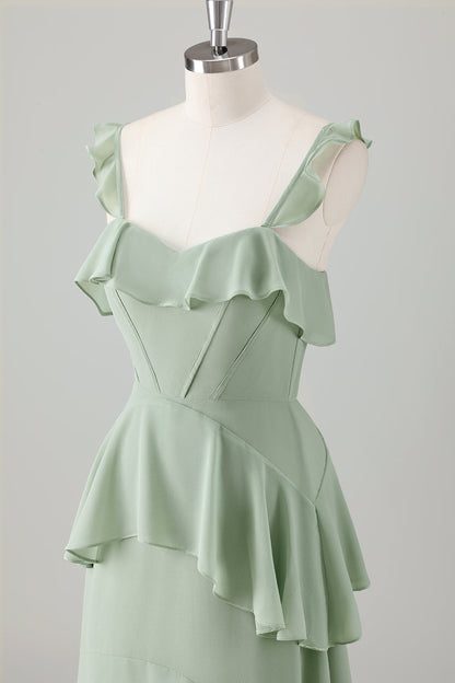 Light Green A-Line Ruffle Tiered Chiffon Corset Long Bridesmaid Dress