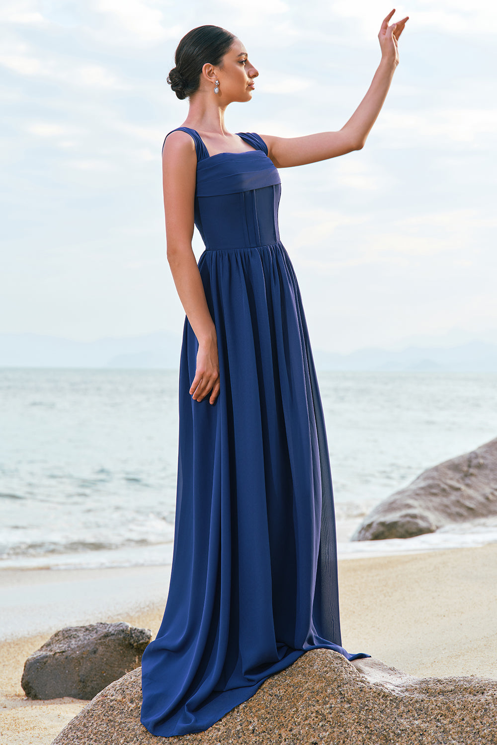 A-Line Square Neck Corset Dark Blue Long Bridesmaid Dress with Lace Up Back