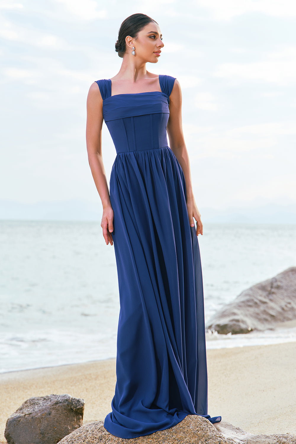 A-Line Square Neck Corset Dark Blue Long Bridesmaid Dress with Lace Up Back