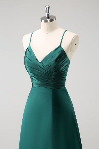 Dark Green A-Line Ruched Lace-Up Back Satin Long Bridesmaid Dress