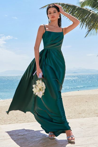 A-Line Dark Green Spaghetti Straps Satin Ruched Long Bridesmaid Dress