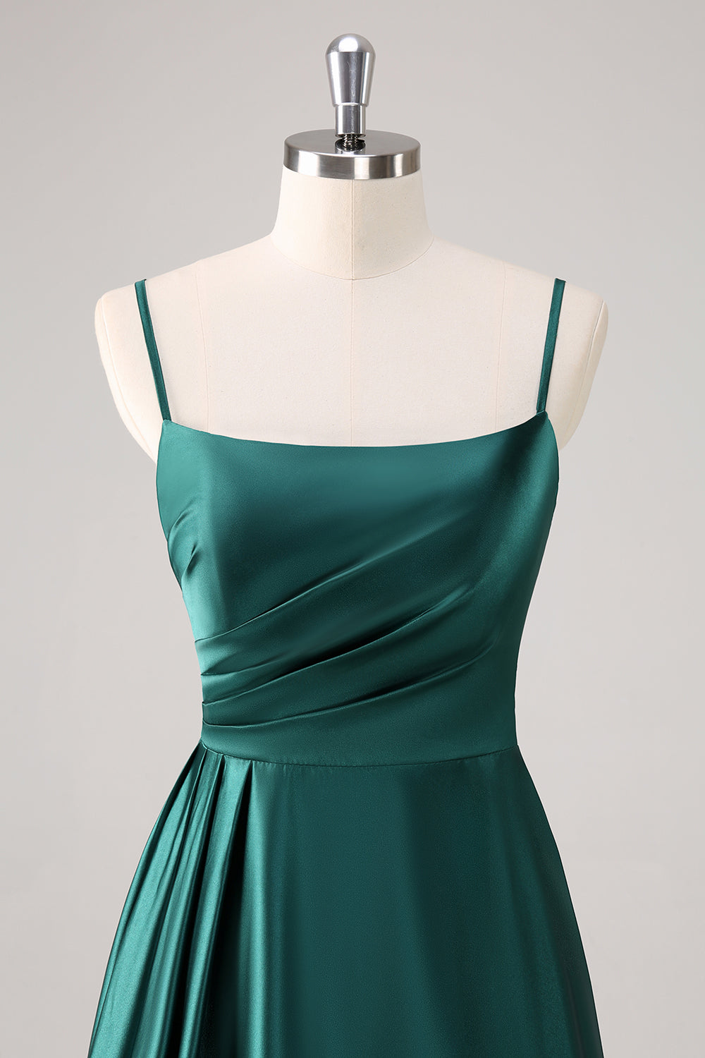 Dark Green A-Line Spaghetti Straps Satin Ruched Long Bridesmaid Dress