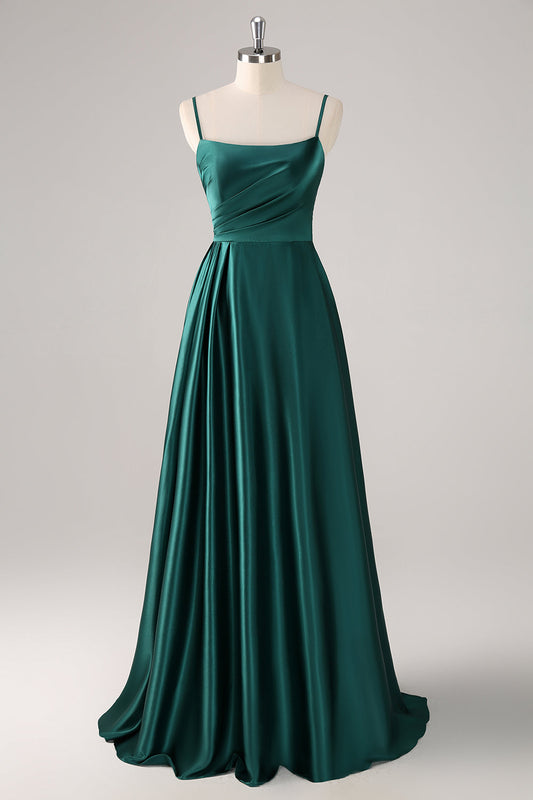 Dark Green A-Line Spaghetti Straps Satin Ruched Long Bridesmaid Dress