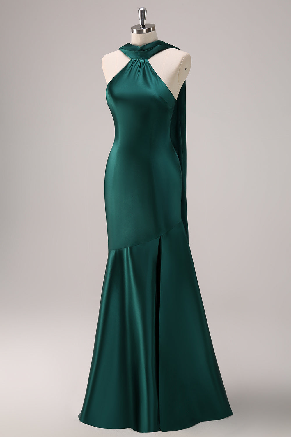 Dark Green Halter Satin Mermaid Bridesmaid Dress with Streamer