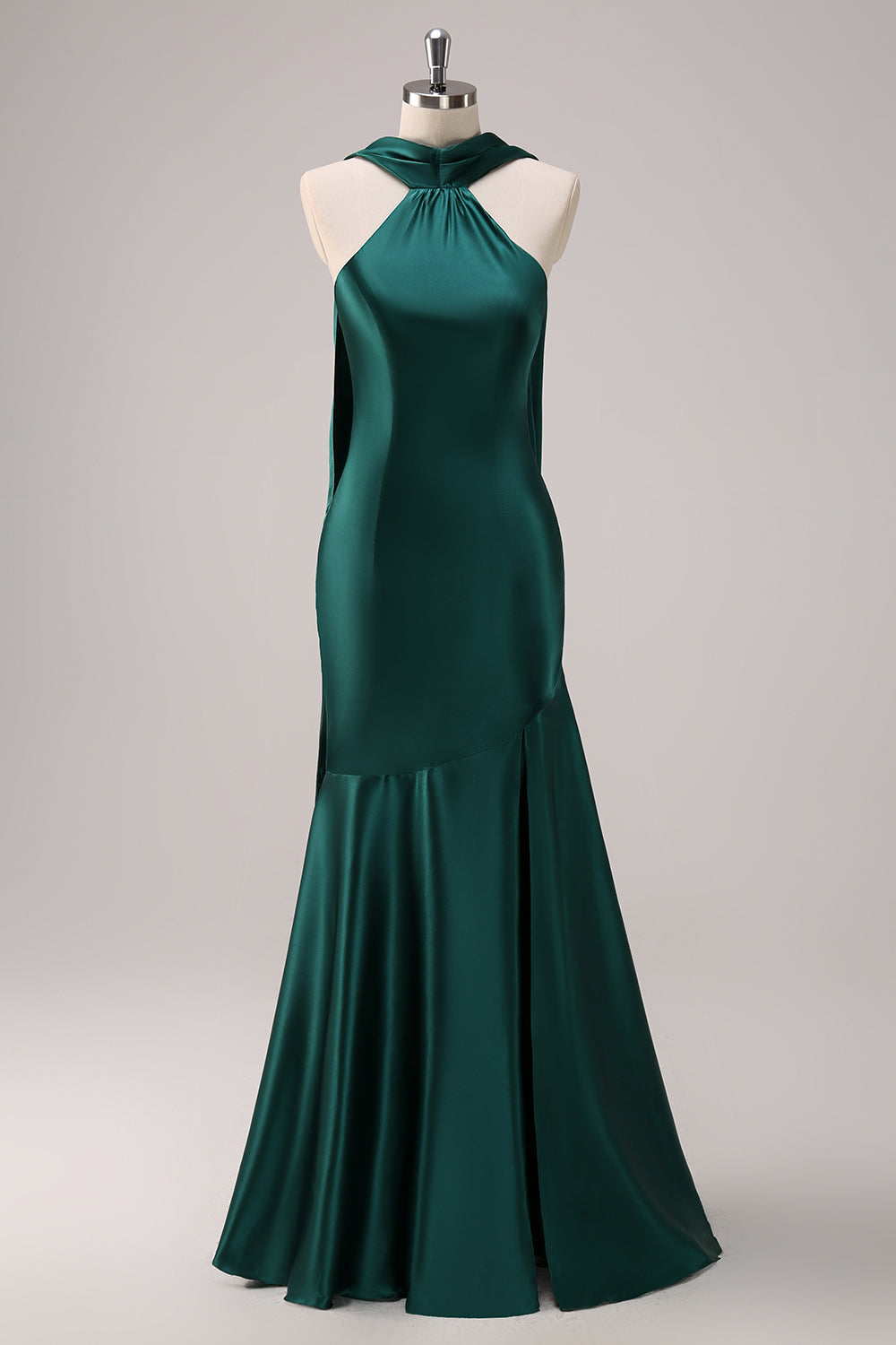 Dark Green Halter Satin Mermaid Bridesmaid Dress with Streamer