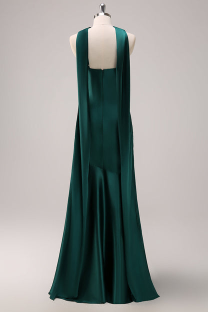 Dark Green Halter Satin Mermaid Bridesmaid Dress with Streamer