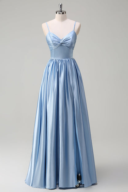 Sky Blue Spaghetti Straps A-Line Long Bridesmaid Dress