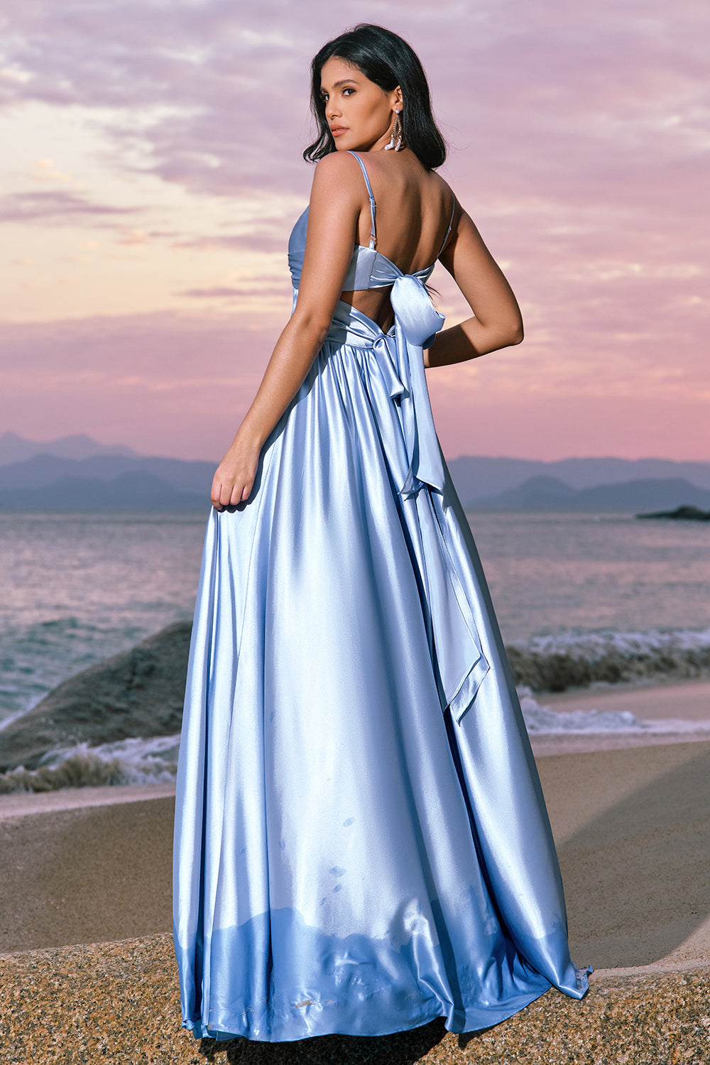 Sky Blue A-Line Spaghetti Straps Ruched Split Long Bridesmaid Dress with Lace Up Back