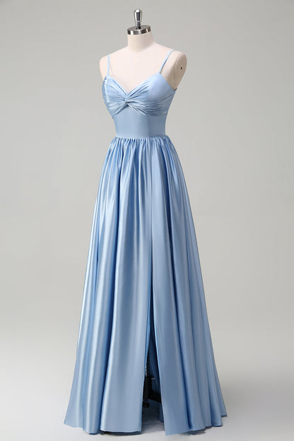 Sky Blue Spaghetti Straps A-Line Long Bridesmaid Dress