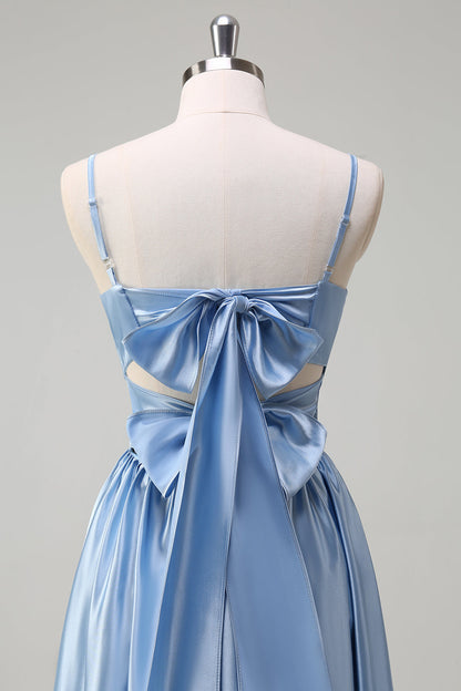 Sky Blue Spaghetti Straps A-Line Long Bridesmaid Dress