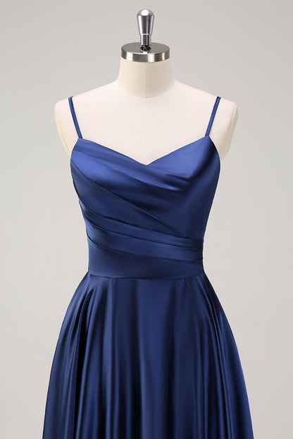 Navy A-Line Ruched Spaghetti Straps Tea Length Bridesmaid Dress