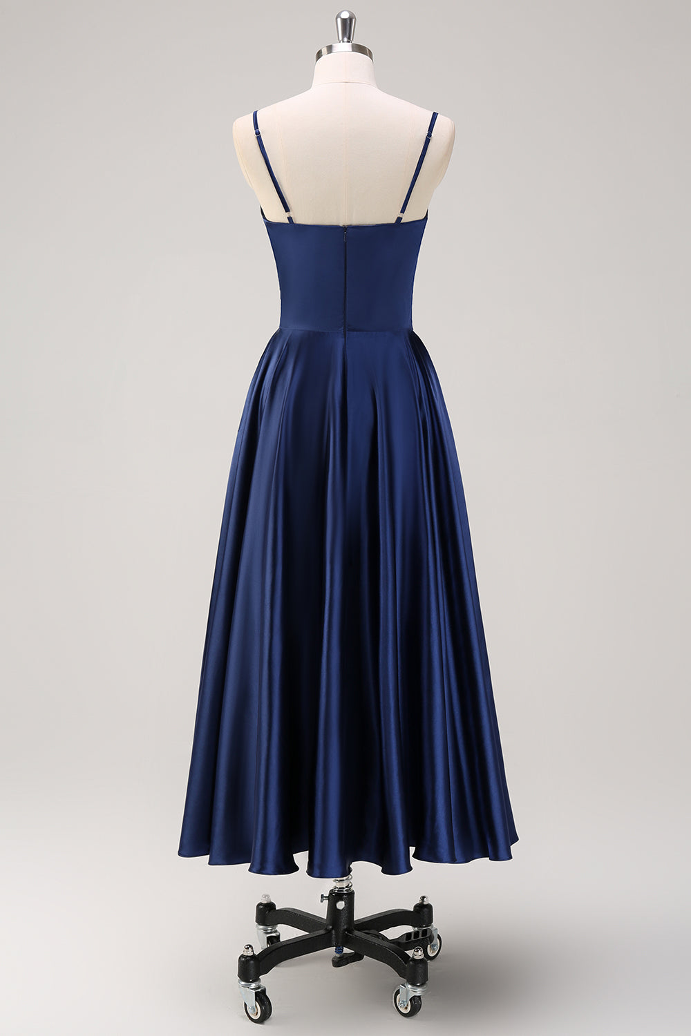 Navy A-Line Ruched Spaghetti Straps Tea Length Bridesmaid Dress