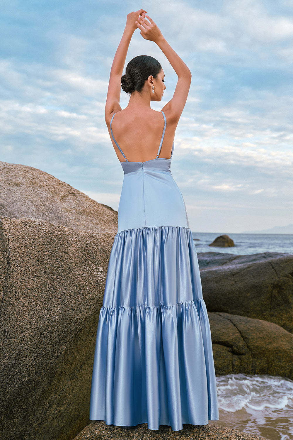 Sky Blue A-Line Spaghetti Straps Backless Satin Long Bridesmaid Dress