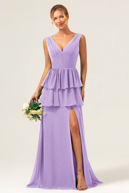 Eucalyptus A Line V Neck Corset Tiered Long Bridesmaid Dress with Slit