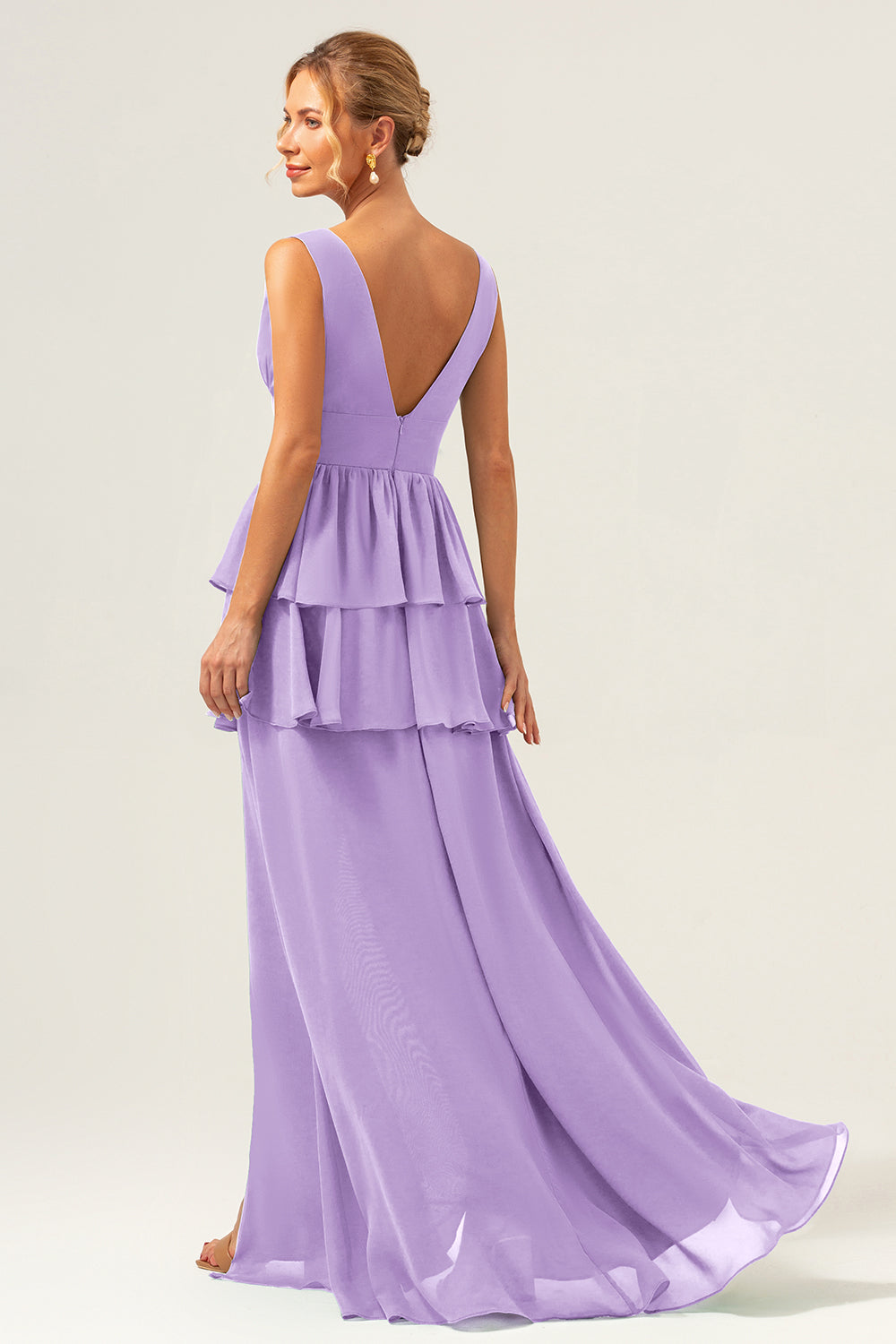 Eucalyptus A Line V Neck Corset Tiered Long Bridesmaid Dress with Slit