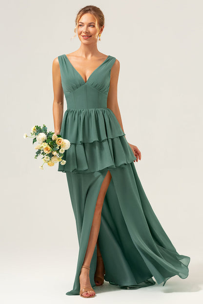 Eucalyptus A Line V Neck Corset Tiered Long Bridesmaid Dress with Slit