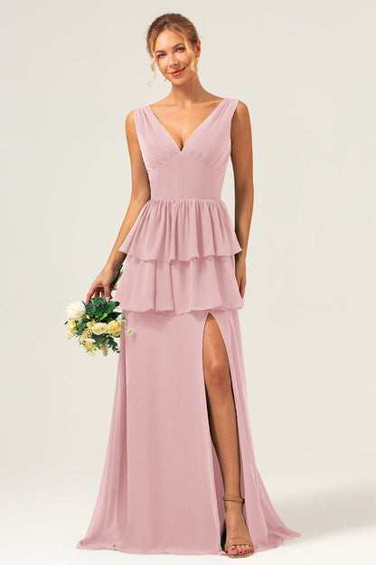 Eucalyptus A Line V Neck Corset Tiered Long Bridesmaid Dress with Slit