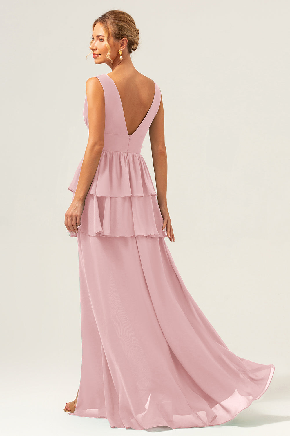 Eucalyptus A Line V Neck Corset Tiered Long Bridesmaid Dress with Slit